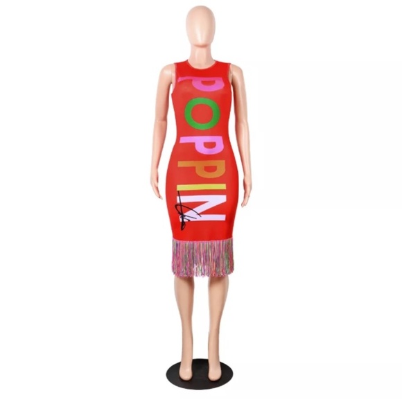 New Red Poppin Fringe Dress - Picture 5 of 8